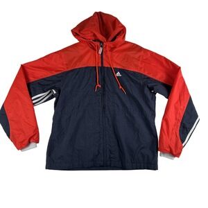 Vintage Adidas Jacket Womens Large Red Navy Hooded Windbreaker 3-Stripes Y2K